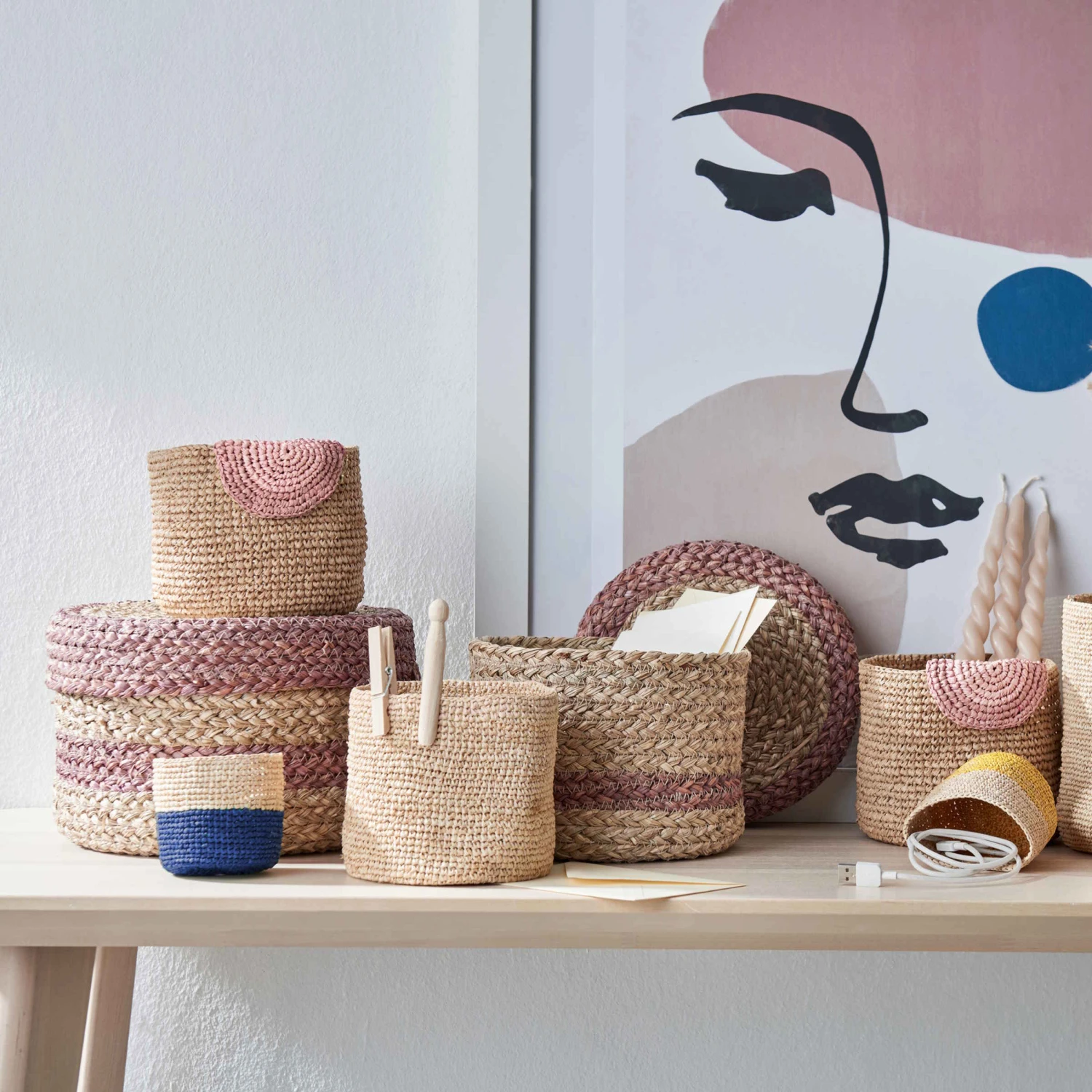 4-tlg. Korbset Handgefertigt Aus Raffia ISALO In Natur-Blau – Bild 2