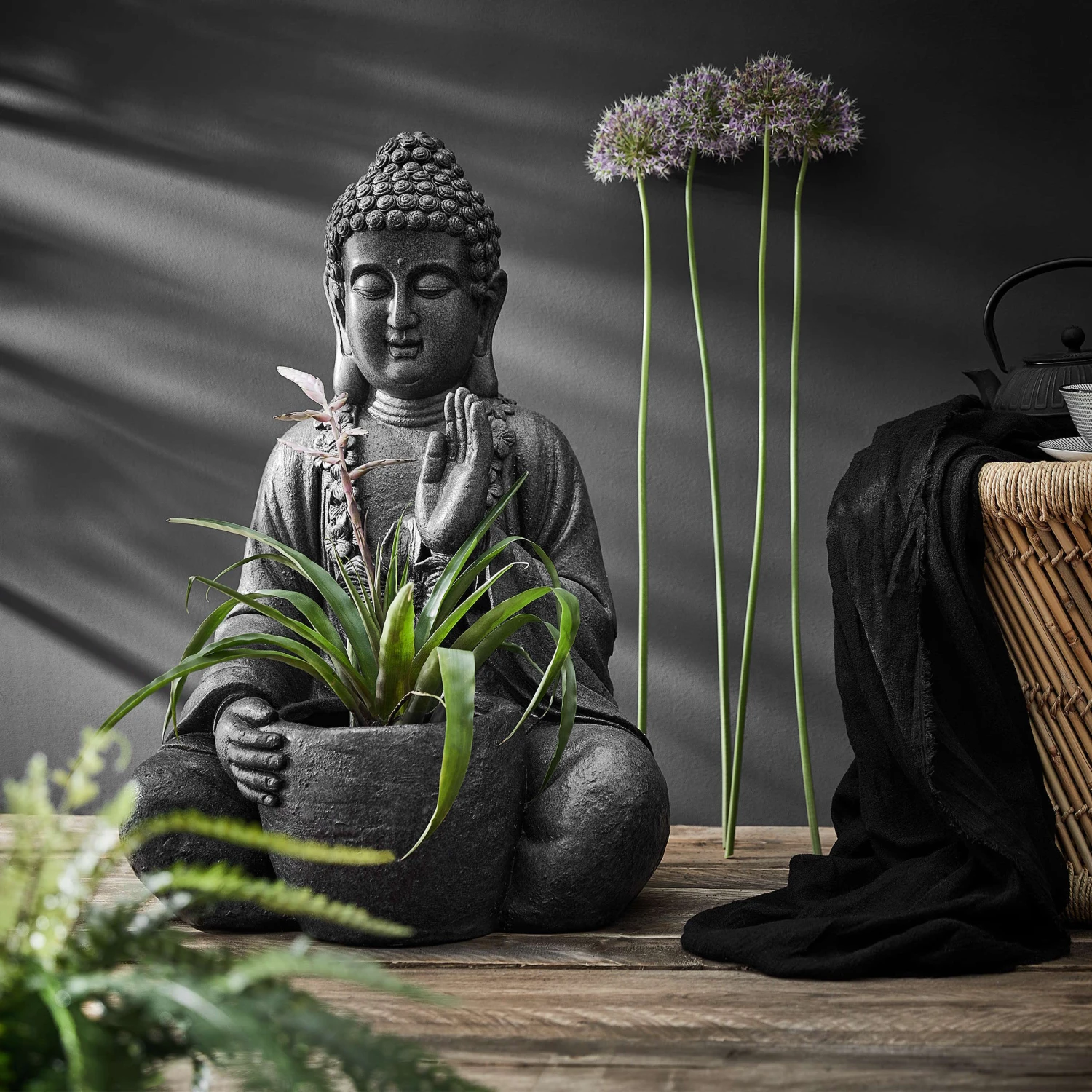 Statue Mit Blumentopf Höhe 69cm BUDDHA In Dunkelgrau – Bild 2